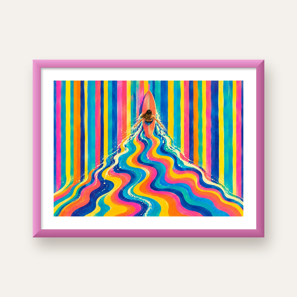 Renkli Sörf Yapan Kadın Modern Soyut Poster — pembe çerçeveli paspartulu