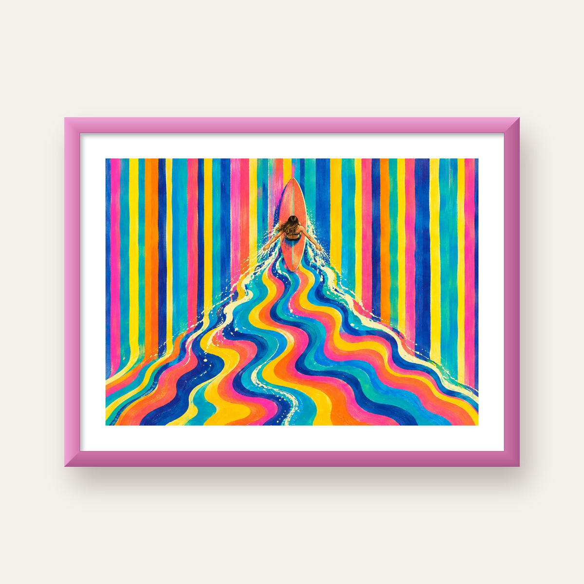 Renkli Sörf Yapan Kadın Modern Soyut Poster — pembe çerçeveli paspartulu