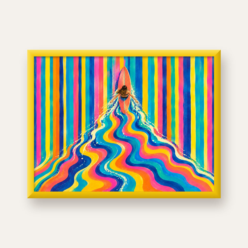 Renkli Sörf Yapan Kadın Modern Soyut Poster — sarı çerçeveli