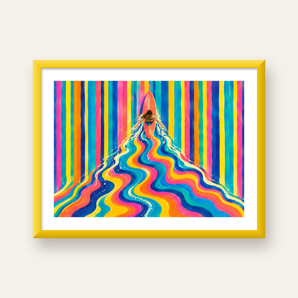 Renkli Sörf Yapan Kadın Modern Soyut Poster — sarı çerçeveli paspartulu
