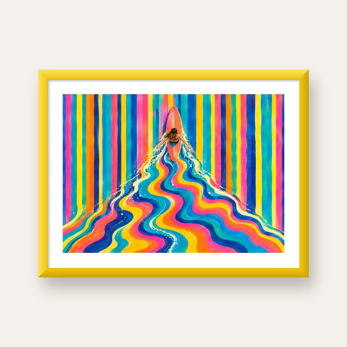 Renkli Sörf Yapan Kadın Modern Soyut Poster — sarı çerçeveli paspartulu