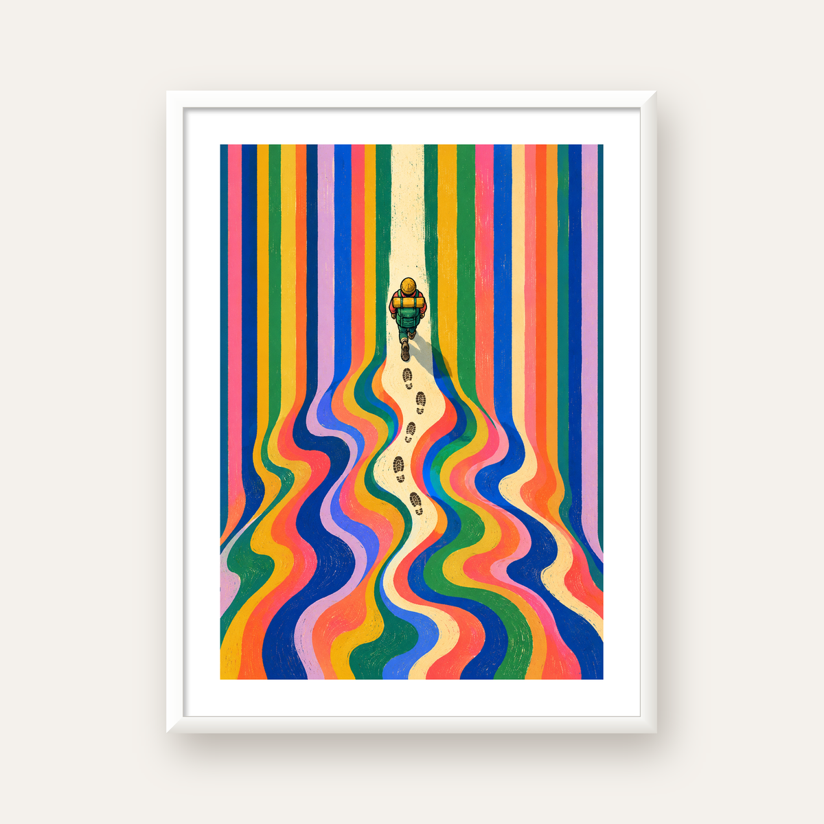 Renkli Yolculuk ve İzler Poster – Soyut Dijital Sanat Baskısı — beyaz çerçeveli dikey poster