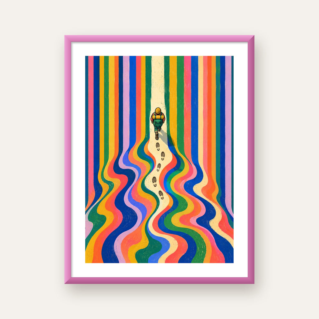 Renkli Yolculuk ve İzler Poster – Soyut Dijital Sanat Baskısı — pembe çerçeveli paspartulu