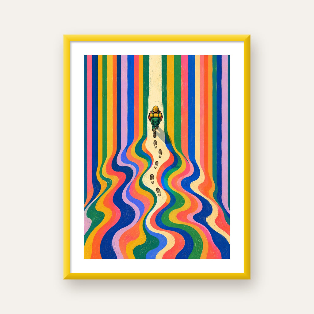 Renkli Yolculuk ve İzler Poster – Soyut Dijital Sanat Baskısı — sarı çerçeveli paspartulu