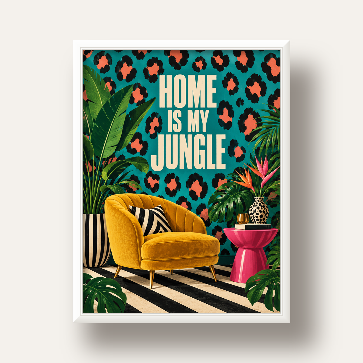 Egzotik Salon Dekorasyonu Poster – HOME IS MY JUNGLE Baskı — beyaz derin çerçeveli