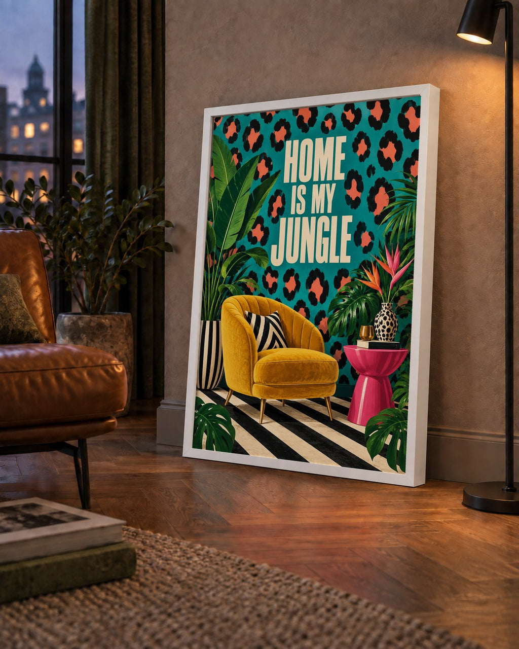 Egzotik Salon Dekorasyonu Poster – HOME IS MY JUNGLE Baskı — çerçeveli hâliyle bir ev duvarında