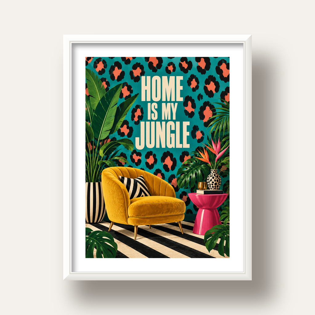 Egzotik Salon Dekorasyonu Poster – HOME IS MY JUNGLE Baskı — beyaz derin çerçeveli paspartulu