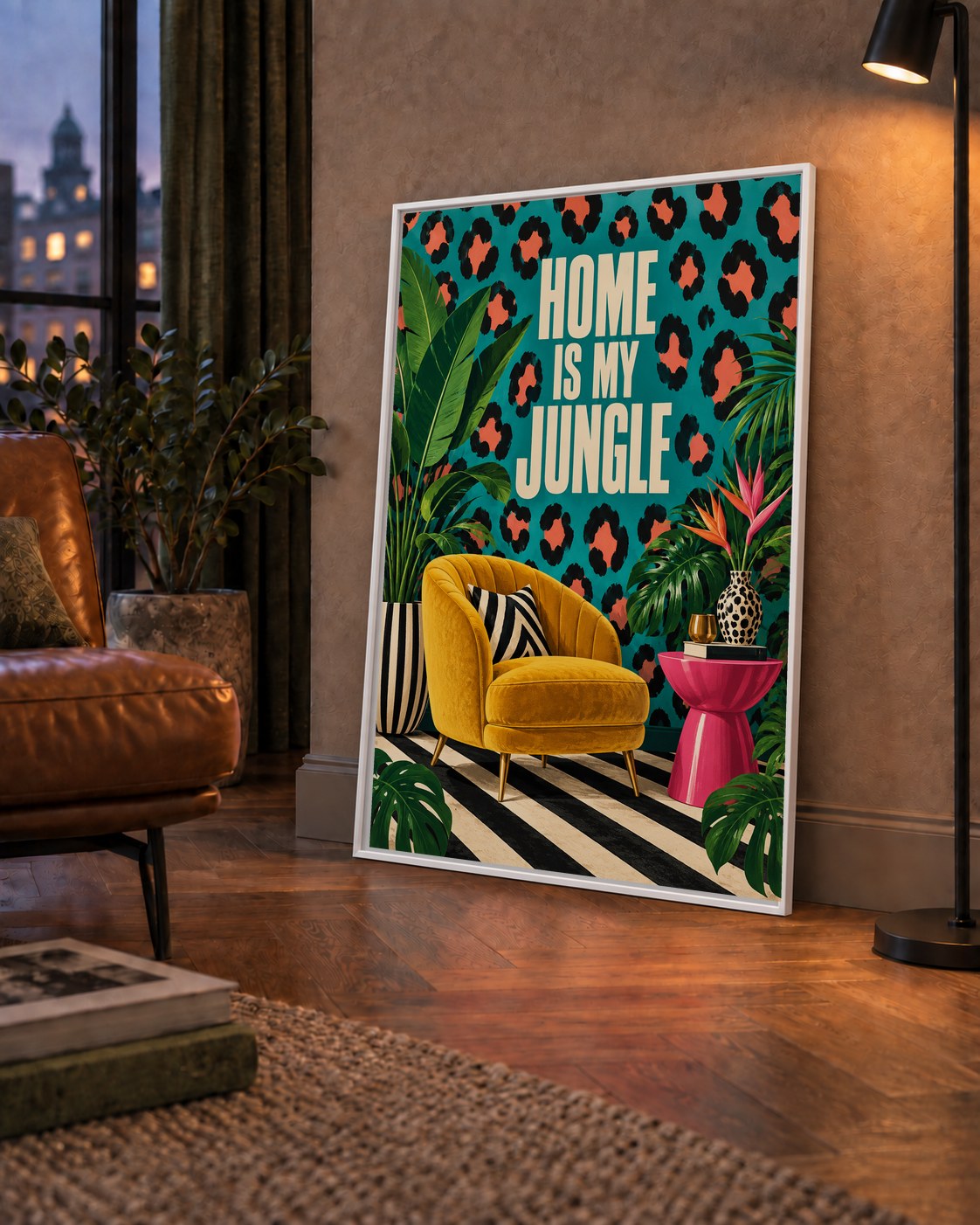 Egzotik Salon Dekorasyonu Poster – HOME IS MY JUNGLE Baskı — çerçeveli hâliyle bir ev duvarında