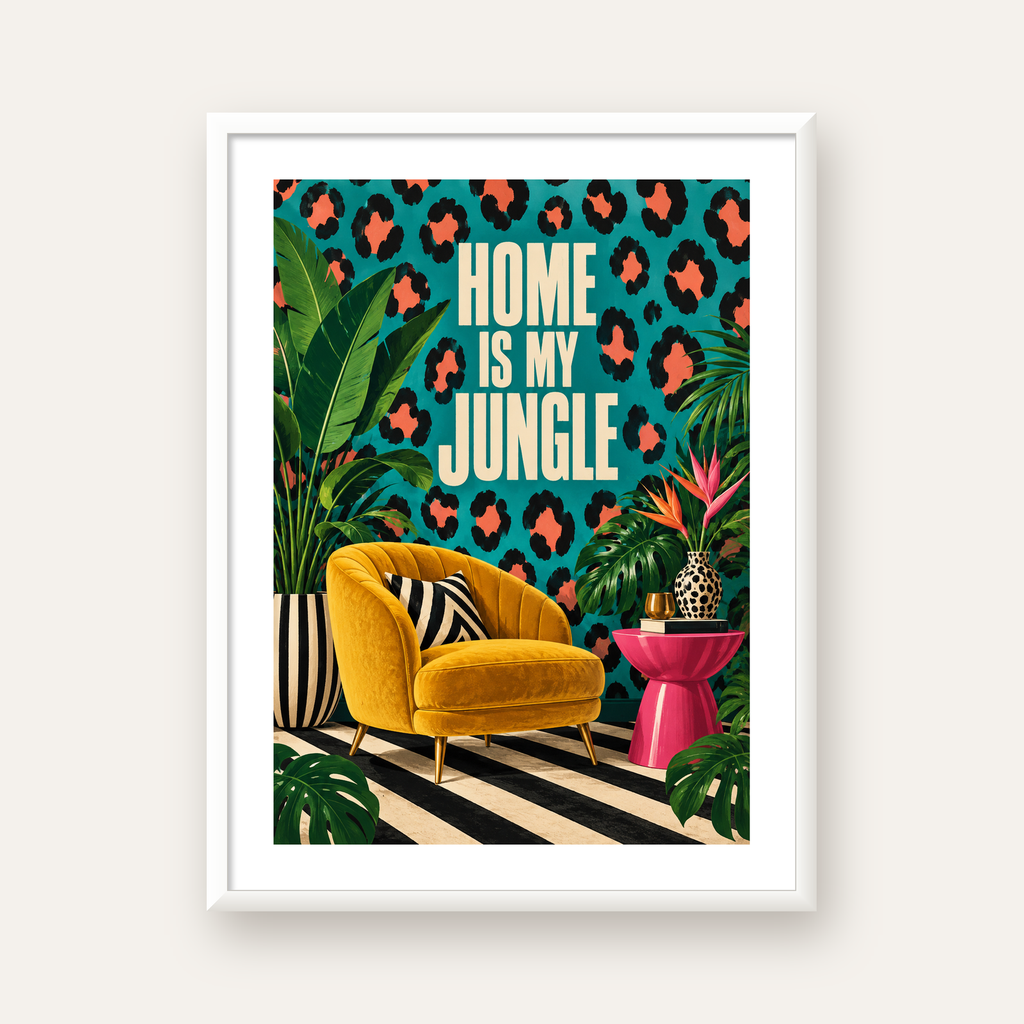 Egzotik Salon Dekorasyonu Poster – HOME IS MY JUNGLE Baskı — beyaz çerçeveli dikey poster