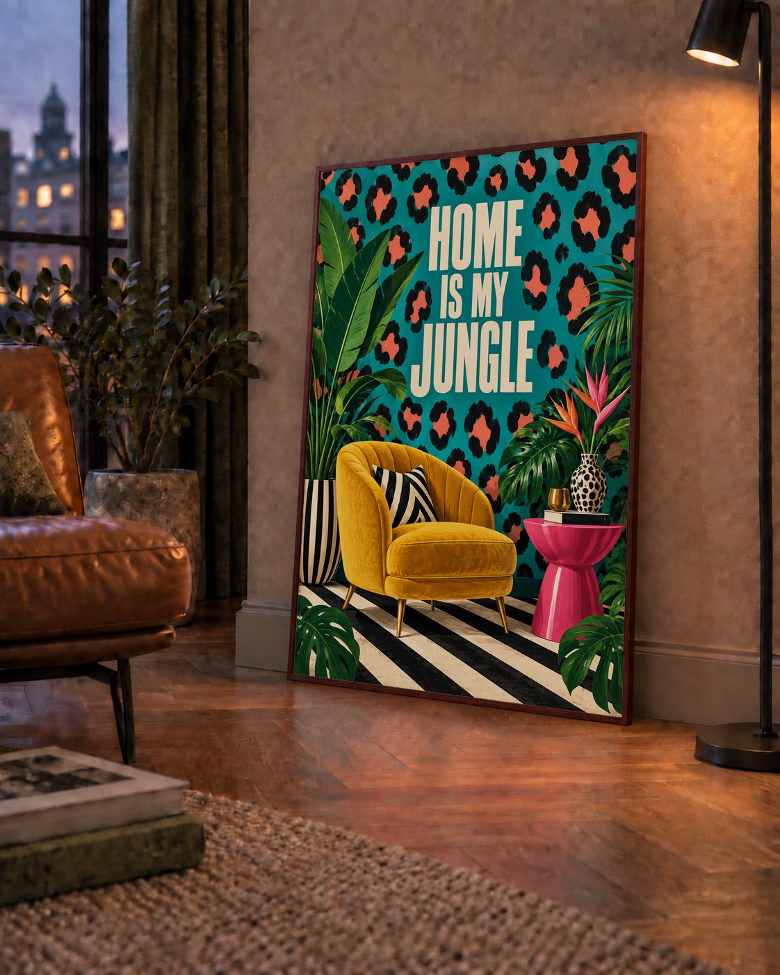 Egzotik Salon Dekorasyonu Poster – HOME IS MY JUNGLE Baskı — çerçeveli hâliyle bir ev duvarında
