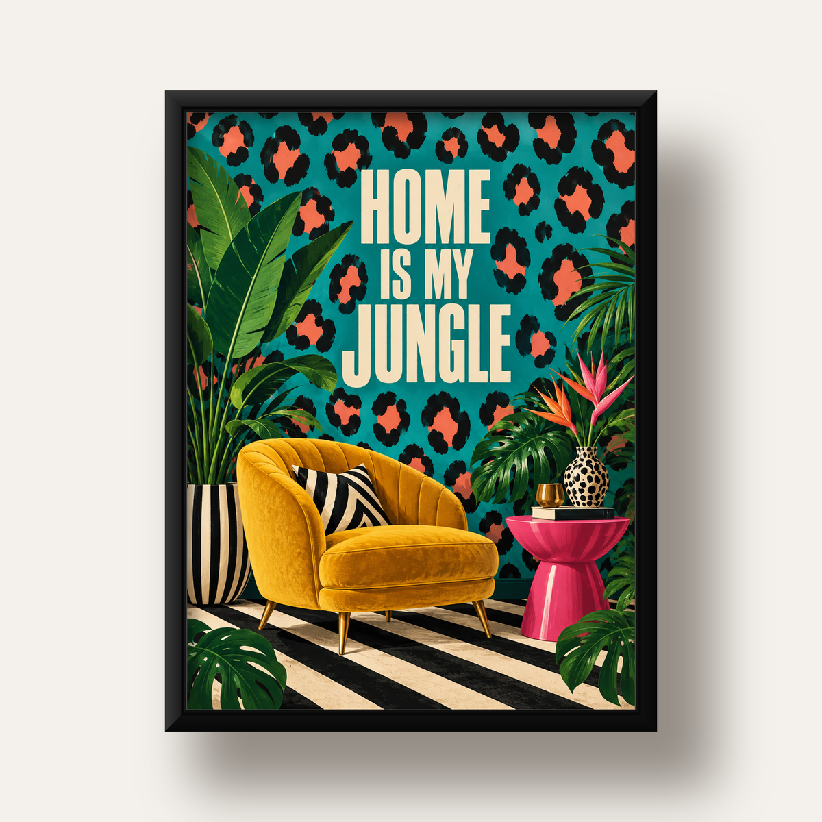 Egzotik Salon Dekorasyonu Poster – HOME IS MY JUNGLE Baskı — siyah derin çerçeveli