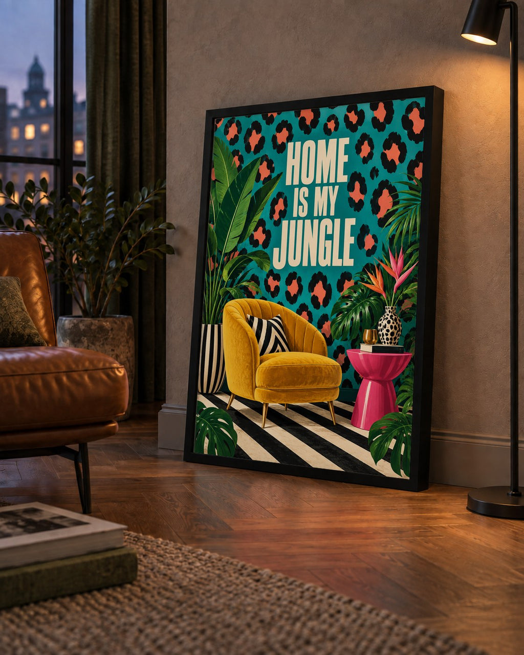 Egzotik Salon Dekorasyonu Poster – HOME IS MY JUNGLE Baskı — çerçeveli hâliyle bir ev duvarında