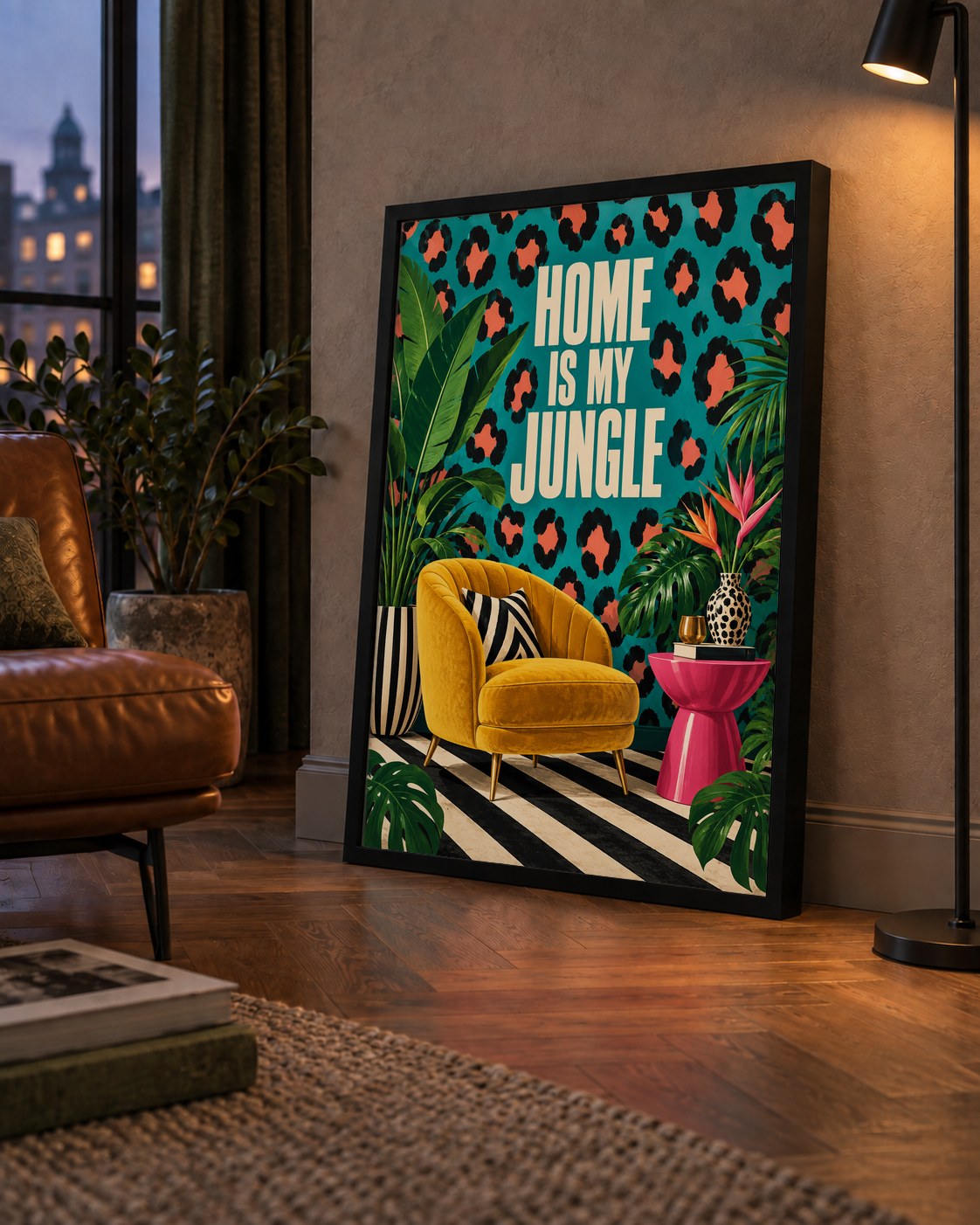 Egzotik Salon Dekorasyonu Poster – HOME IS MY JUNGLE Baskı — çerçeveli hâliyle bir ev duvarında