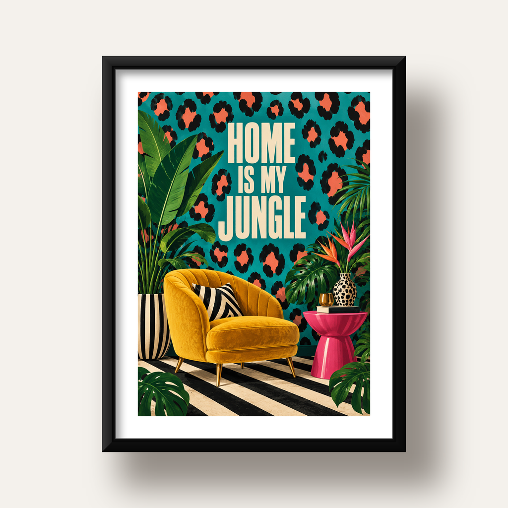Egzotik Salon Dekorasyonu Poster – HOME IS MY JUNGLE Baskı — siyah derin çerçeveli paspartulu
