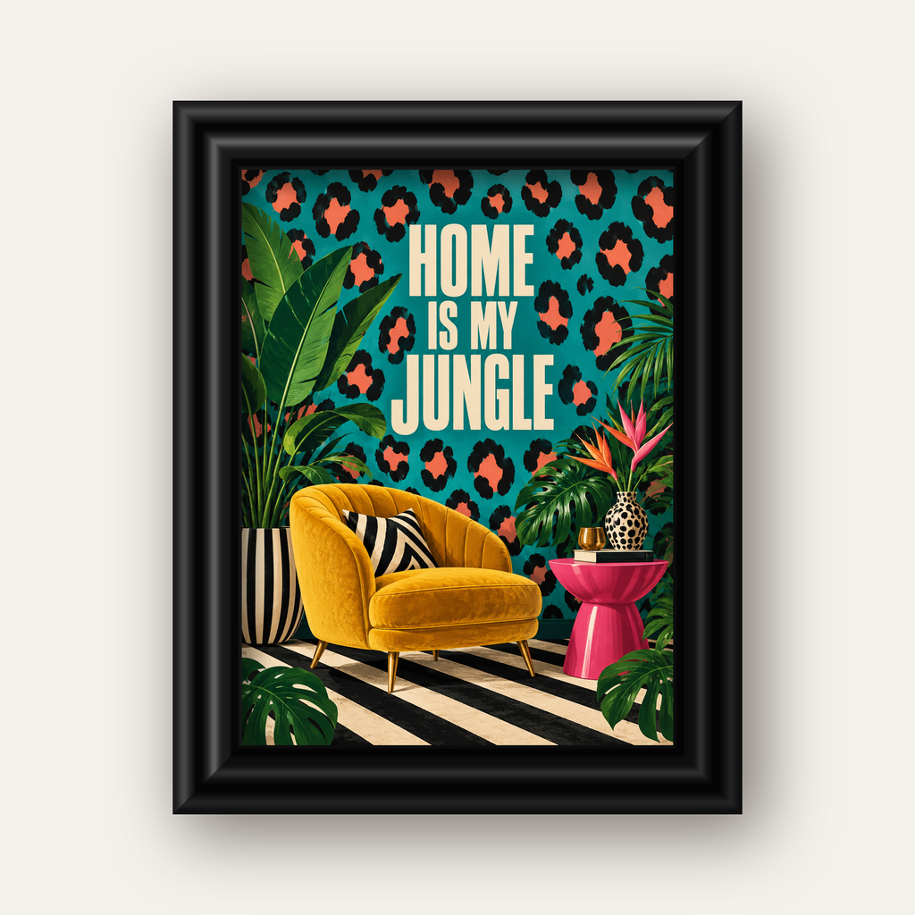 Egzotik Salon Dekorasyonu Poster – HOME IS MY JUNGLE Baskı — siyah galeri çerçeveli