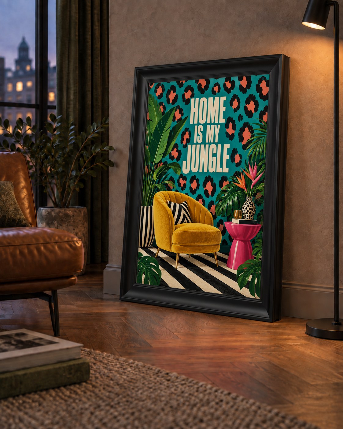 Egzotik Salon Dekorasyonu Poster – HOME IS MY JUNGLE Baskı — çerçeveli hâliyle bir ev duvarında