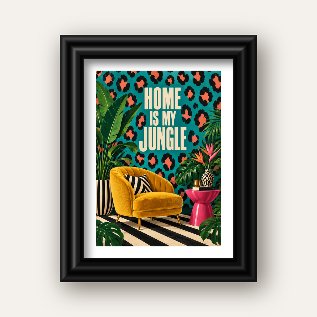 Egzotik Salon Dekorasyonu Poster – HOME IS MY JUNGLE Baskı — siyah galeri çerçeveli paspartulu
