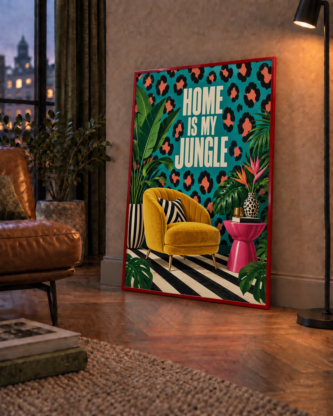 Egzotik Salon Dekorasyonu Poster – HOME IS MY JUNGLE Baskı — çerçeveli hâliyle bir ev duvarında
