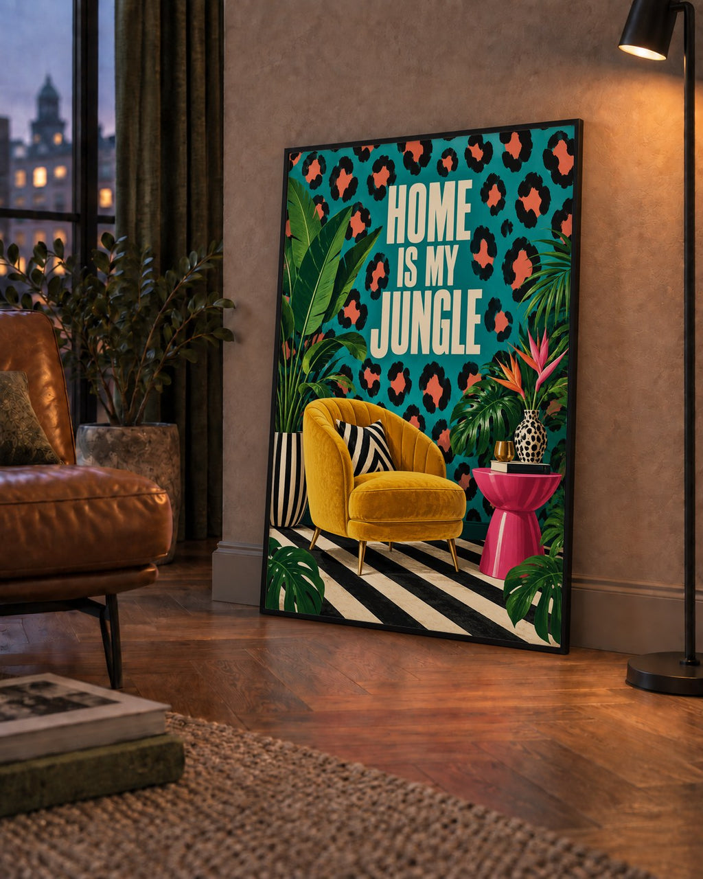 Egzotik Salon Dekorasyonu Poster – HOME IS MY JUNGLE Baskı — çerçeveli hâliyle bir ev duvarında