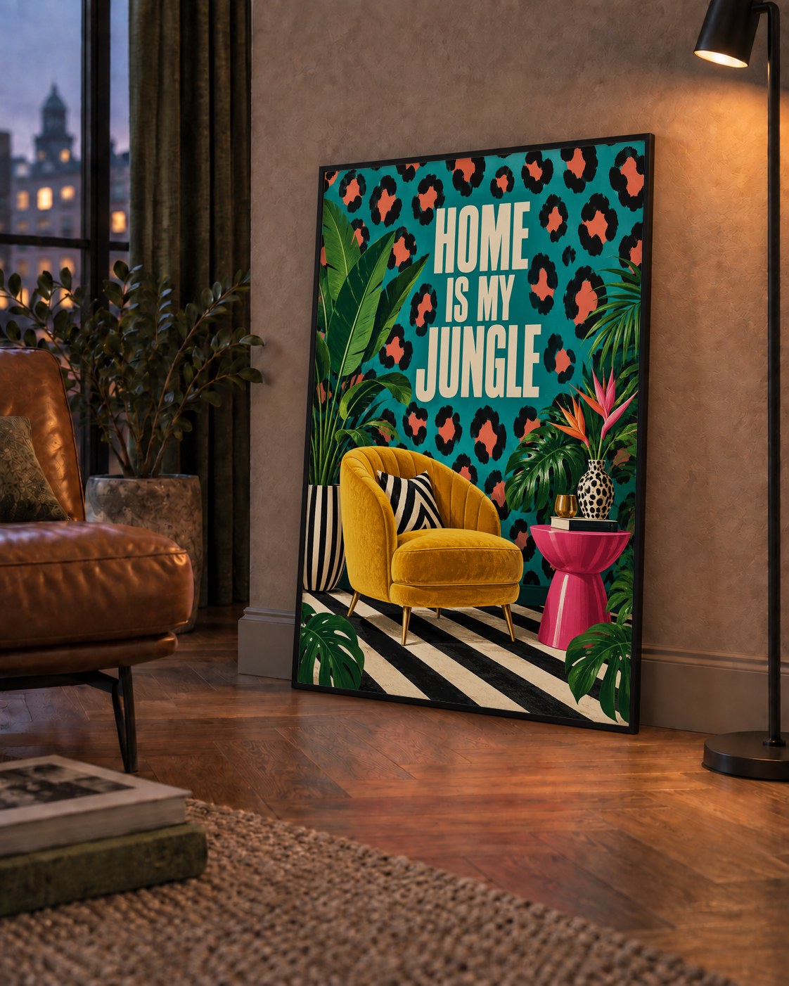 Egzotik Salon Dekorasyonu Poster – HOME IS MY JUNGLE Baskı — çerçeveli hâliyle bir ev duvarında