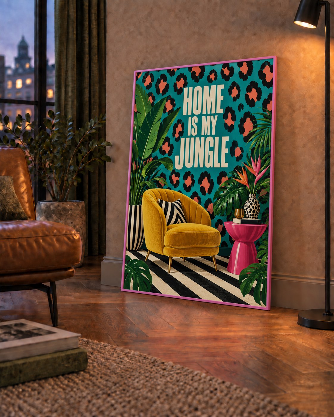 Egzotik Salon Dekorasyonu Poster – HOME IS MY JUNGLE Baskı — çerçeveli hâliyle bir ev duvarında