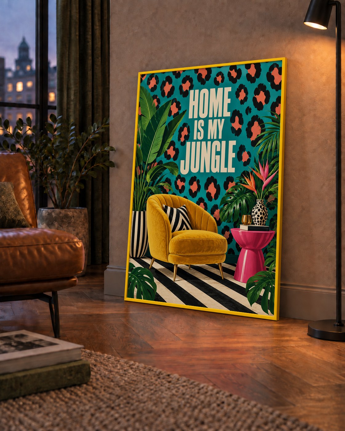 Egzotik Salon Dekorasyonu Poster – HOME IS MY JUNGLE Baskı — çerçeveli hâliyle bir ev duvarında