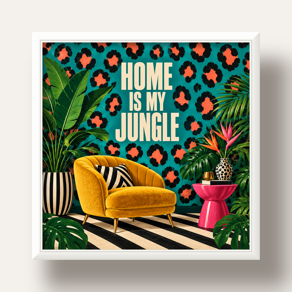 Egzotik Salon Dekorasyonu Poster – HOME IS MY JUNGLE Baskı — beyaz derin çerçeveli