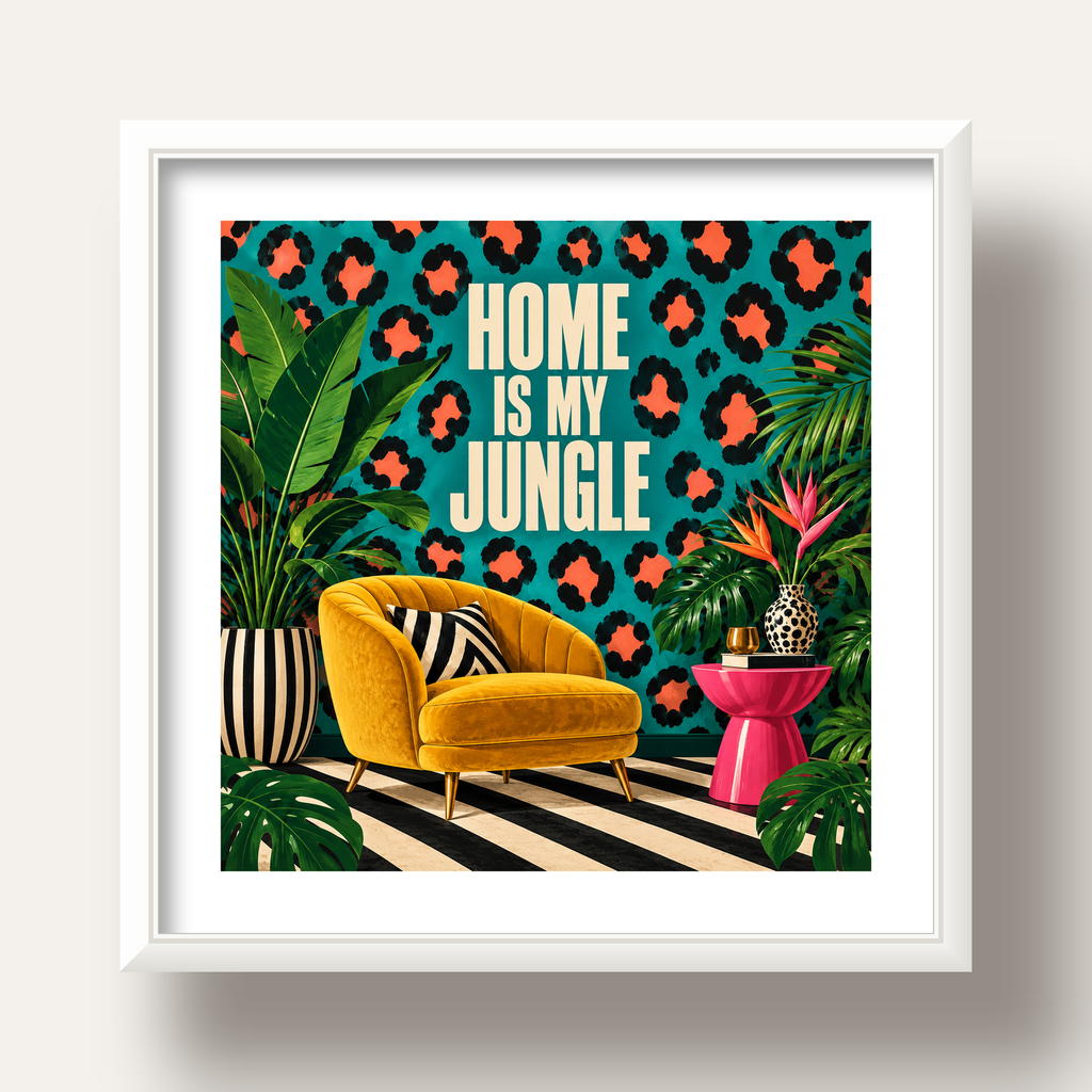Egzotik Salon Dekorasyonu Poster – HOME IS MY JUNGLE Baskı — beyaz derin çerçeveli paspartulu