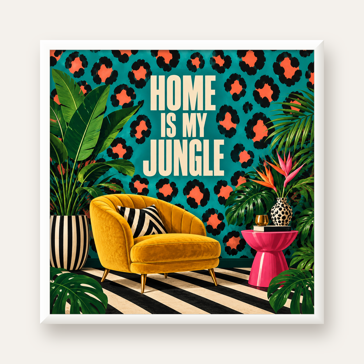 Egzotik Salon Dekorasyonu Poster – HOME IS MY JUNGLE Baskı — beyaz çerçeveli kare poster