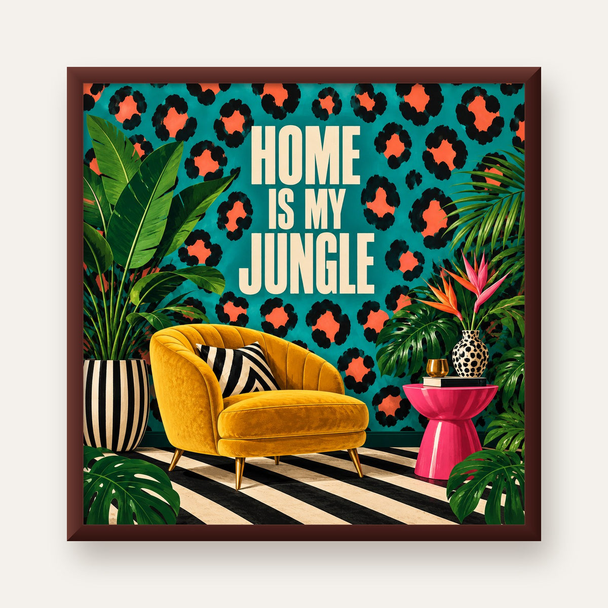 Egzotik Salon Dekorasyonu Poster – HOME IS MY JUNGLE Baskı — ceviz çerçeveli
