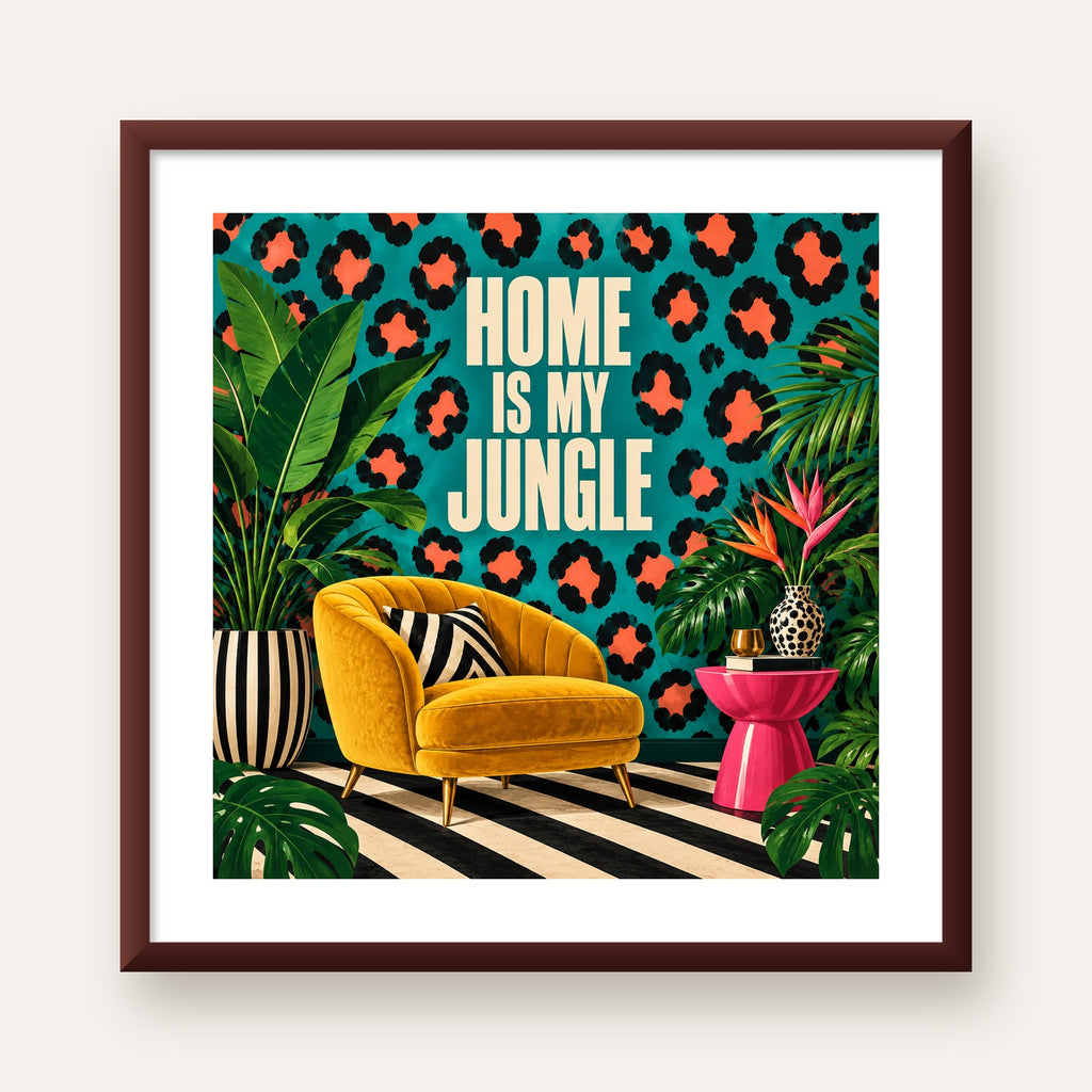 Egzotik Salon Dekorasyonu Poster – HOME IS MY JUNGLE Baskı — ceviz çerçeveli paspartulu