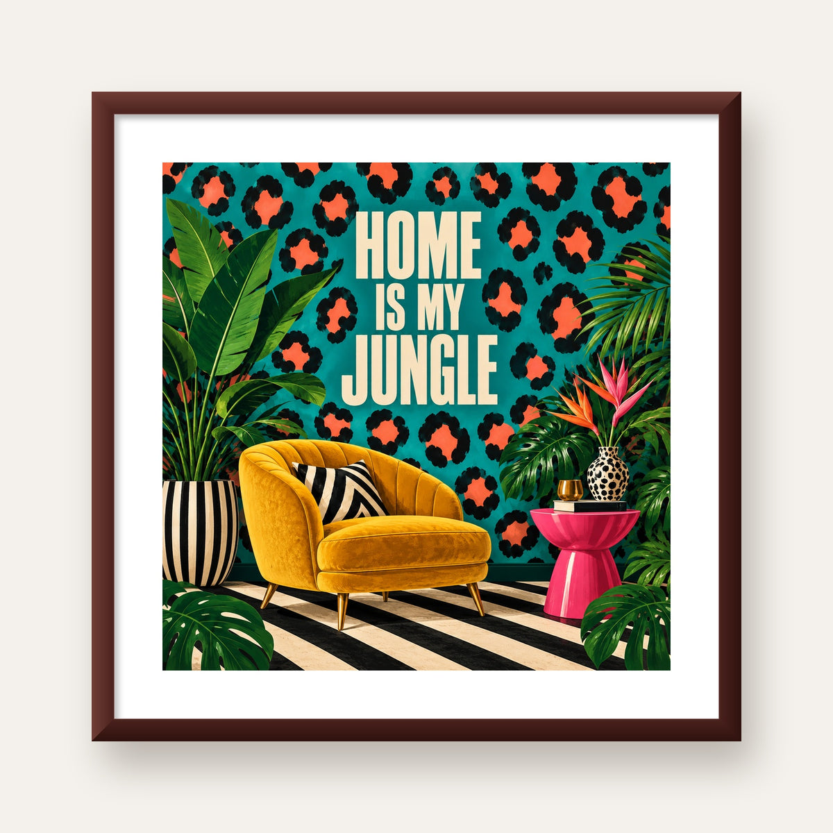 Egzotik Salon Dekorasyonu Poster – HOME IS MY JUNGLE Baskı — ceviz çerçeveli paspartulu