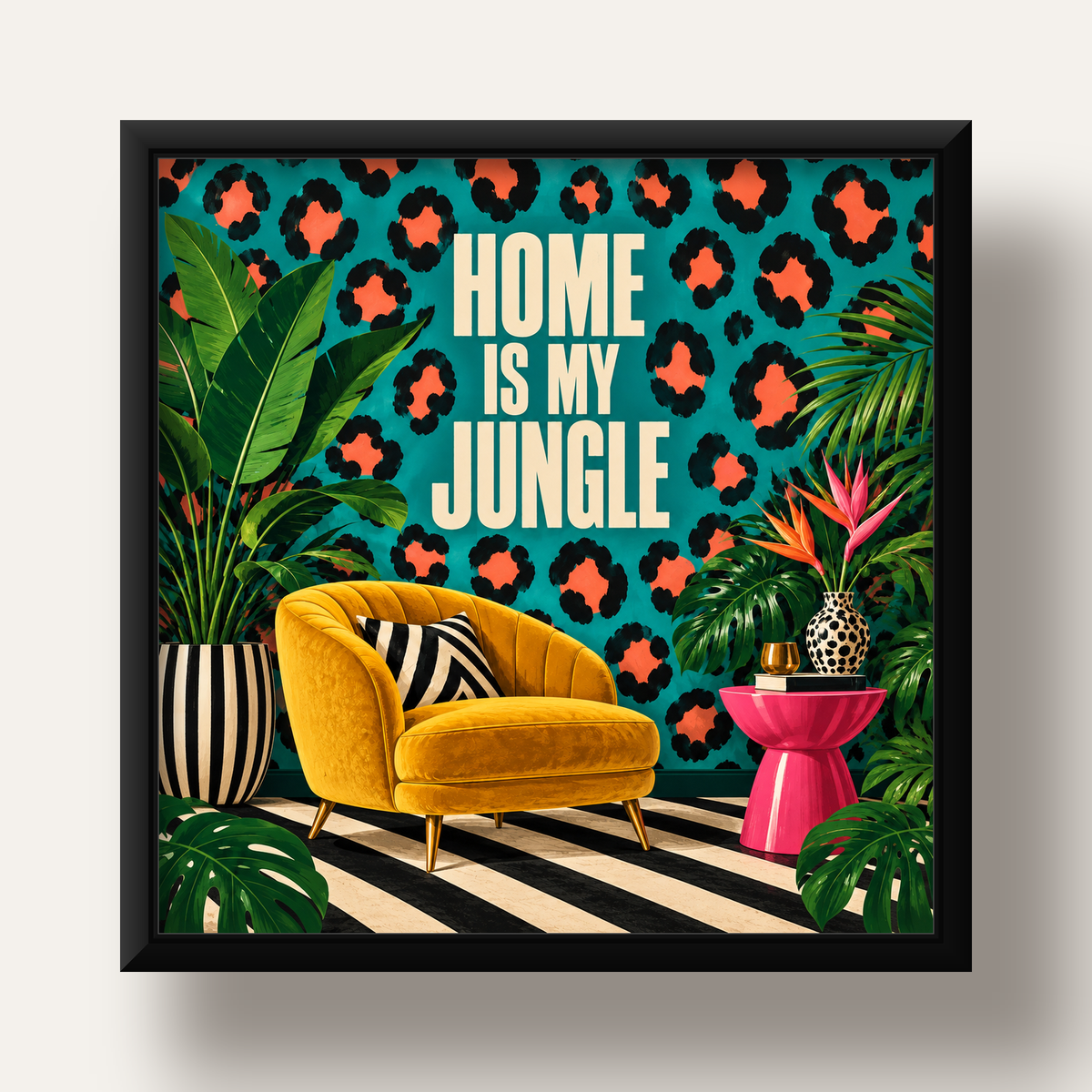 Egzotik Salon Dekorasyonu Poster – HOME IS MY JUNGLE Baskı — siyah derin çerçeveli