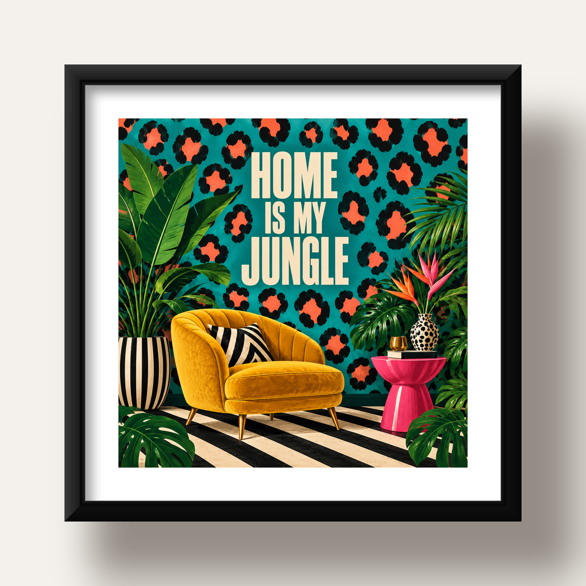Egzotik Salon Dekorasyonu Poster – HOME IS MY JUNGLE Baskı — siyah derin çerçeveli paspartulu