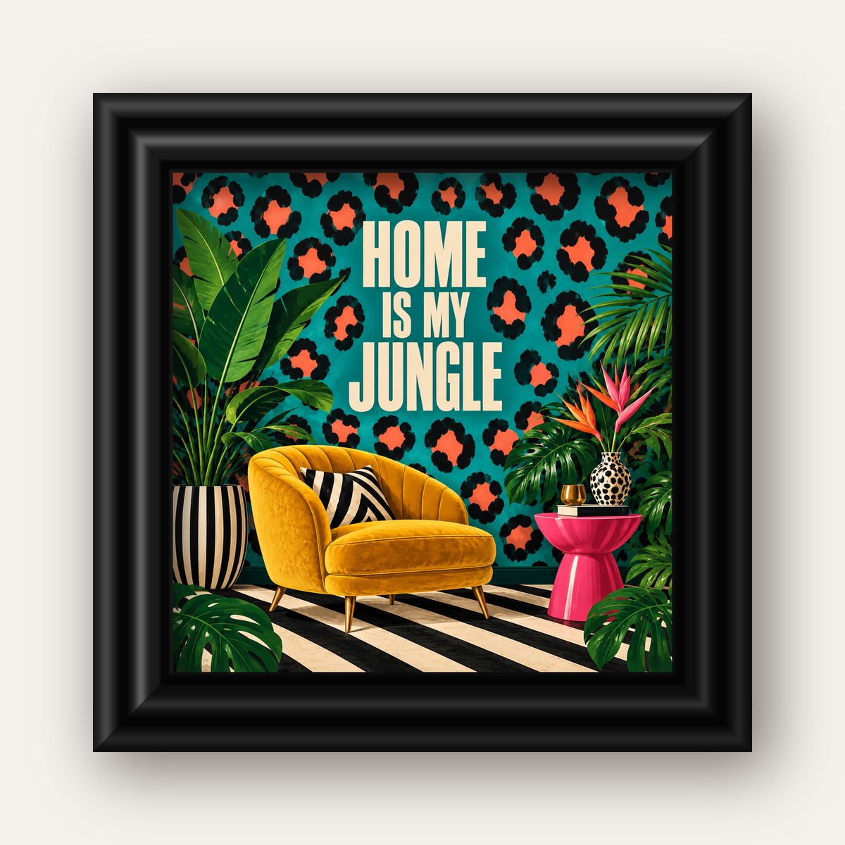 Egzotik Salon Dekorasyonu Poster – HOME IS MY JUNGLE Baskı — siyah galeri çerçeveli