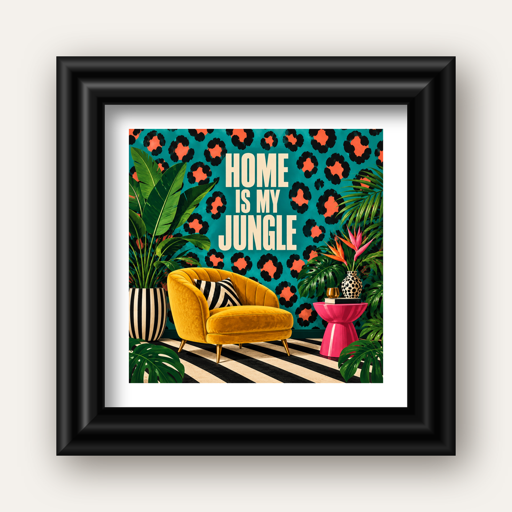 Egzotik Salon Dekorasyonu Poster – HOME IS MY JUNGLE Baskı — siyah galeri çerçeveli paspartulu