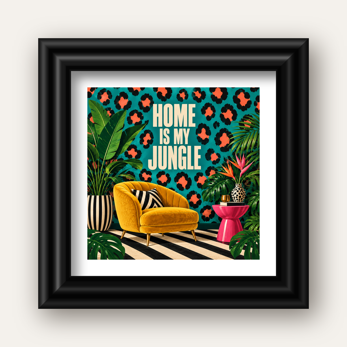 Egzotik Salon Dekorasyonu Poster – HOME IS MY JUNGLE Baskı — siyah galeri çerçeveli paspartulu