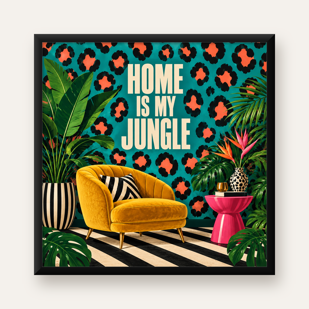 Egzotik Salon Dekorasyonu Poster – HOME IS MY JUNGLE Baskı — Kare baskı, düz siyah çerçeveli duvar posteri