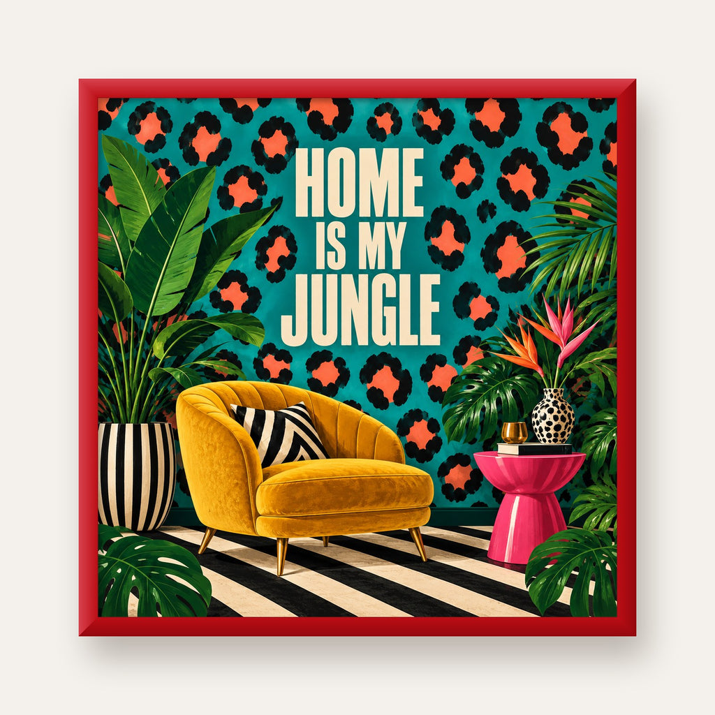 Egzotik Salon Dekorasyonu Poster – HOME IS MY JUNGLE Baskı — kırmızı çerçeveli