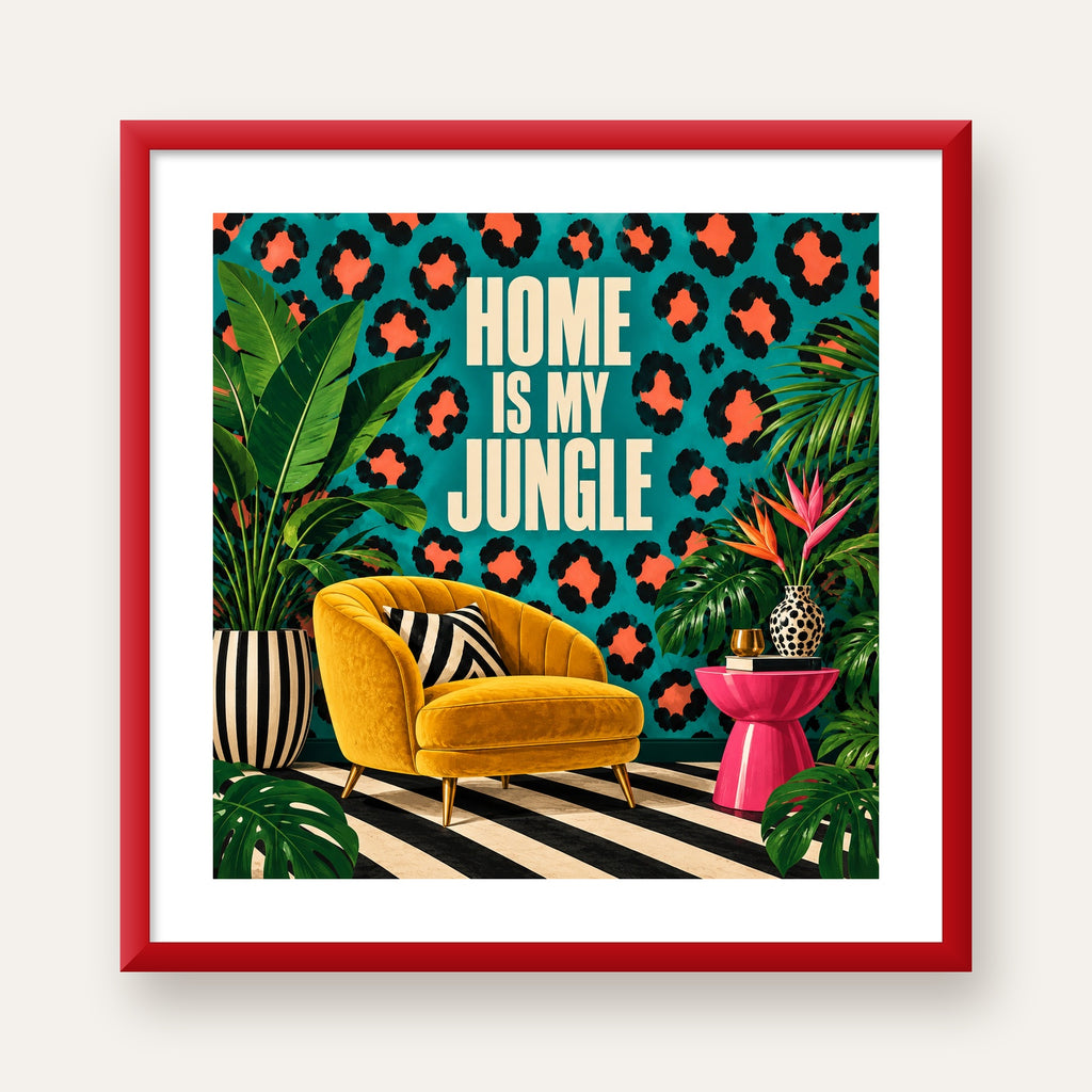 Egzotik Salon Dekorasyonu Poster – HOME IS MY JUNGLE Baskı — kırmızı çerçeveli paspartulu