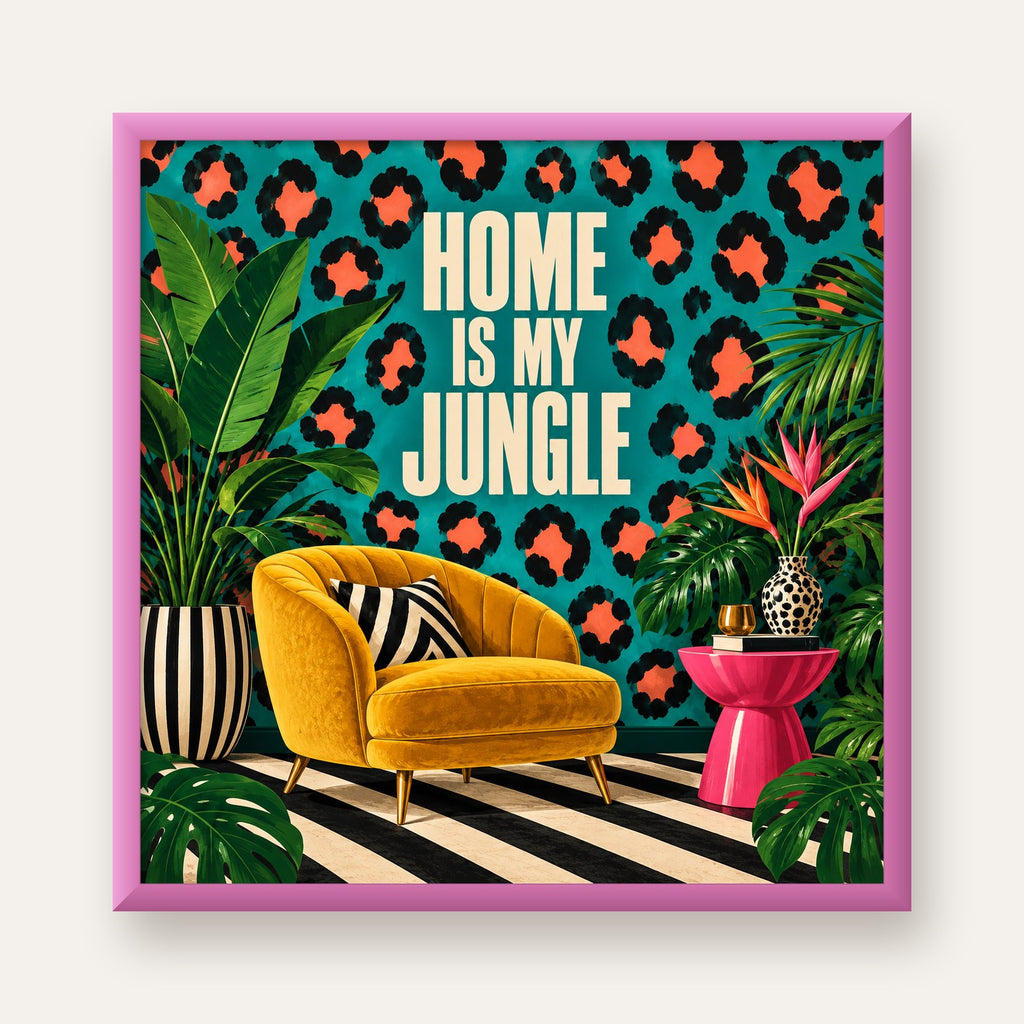Egzotik Salon Dekorasyonu Poster – HOME IS MY JUNGLE Baskı — pembe çerçeveli