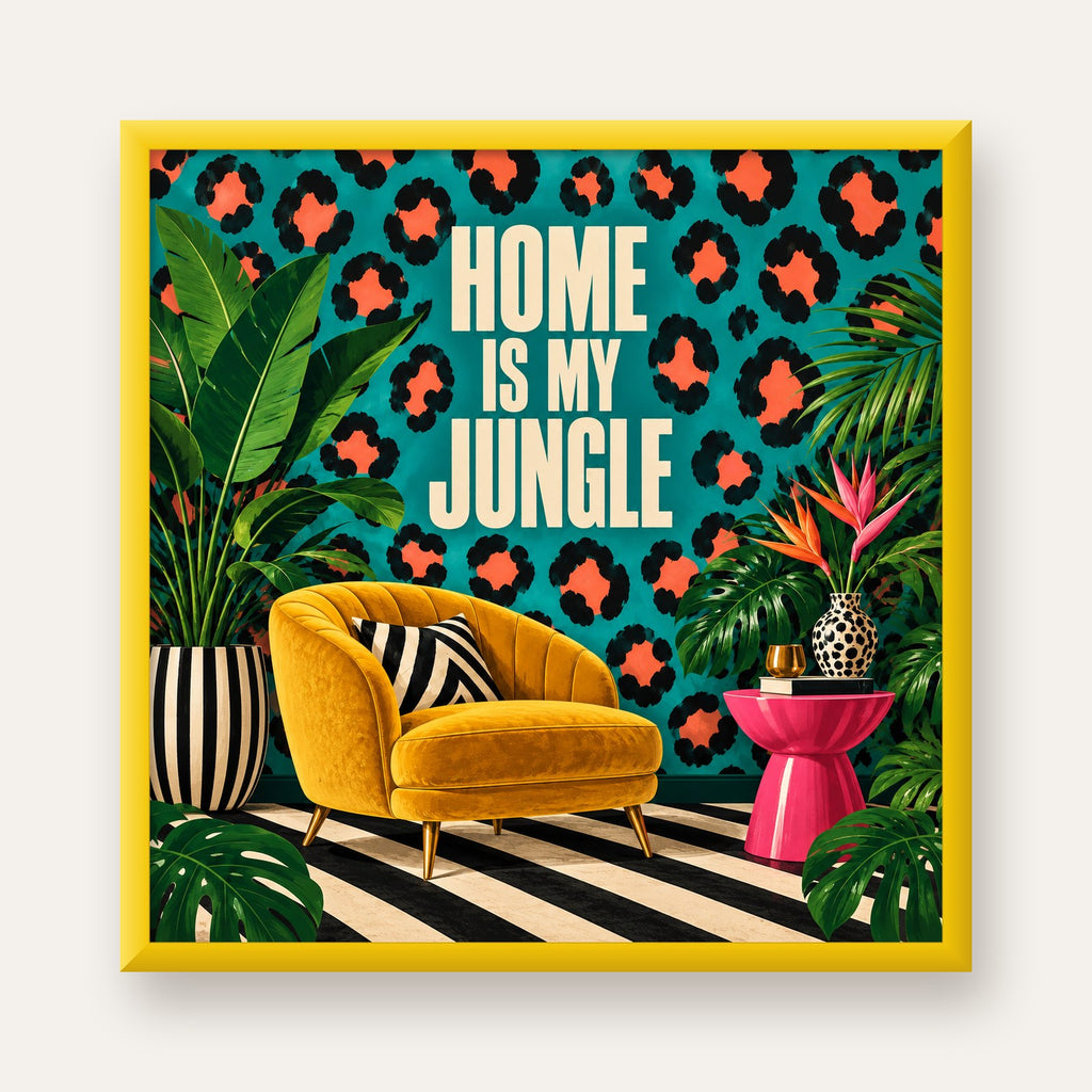 Egzotik Salon Dekorasyonu Poster – HOME IS MY JUNGLE Baskı — sarı çerçeveli