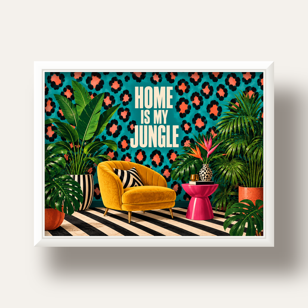 Egzotik Salon Dekorasyonu Poster – HOME IS MY JUNGLE Baskı — beyaz derin çerçeveli