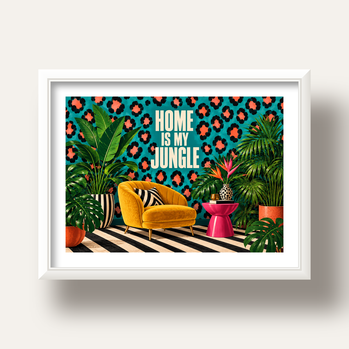 Egzotik Salon Dekorasyonu Poster – HOME IS MY JUNGLE Baskı — beyaz derin çerçeveli paspartulu
