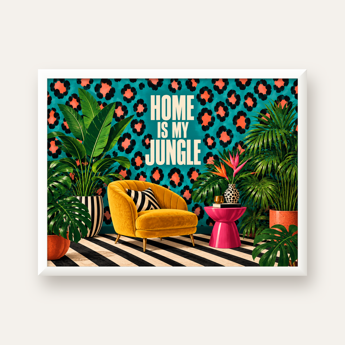 Egzotik Salon Dekorasyonu Poster – HOME IS MY JUNGLE Baskı — beyaz çerçeveli yatay poster