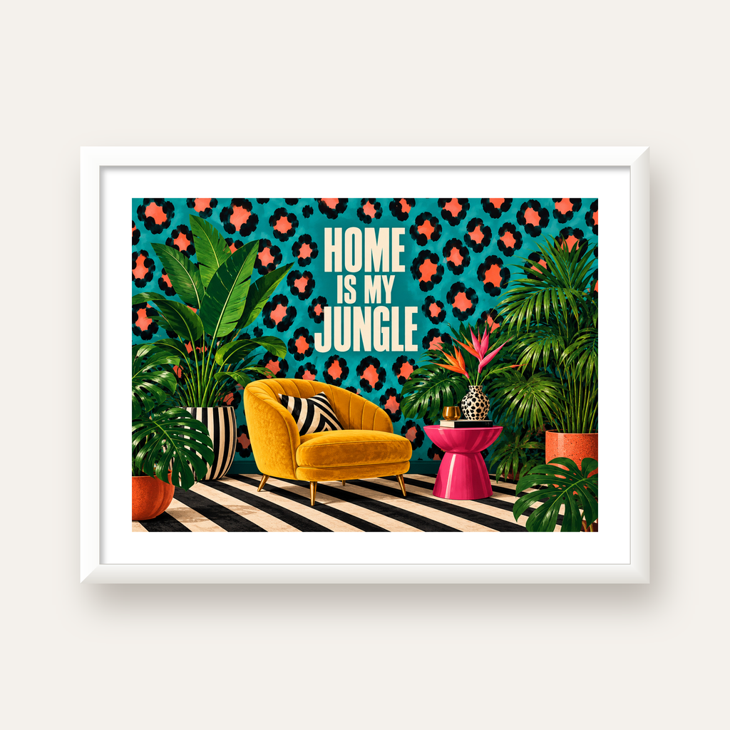 Egzotik Salon Dekorasyonu Poster – HOME IS MY JUNGLE Baskı — beyaz çerçeveli yatay poster