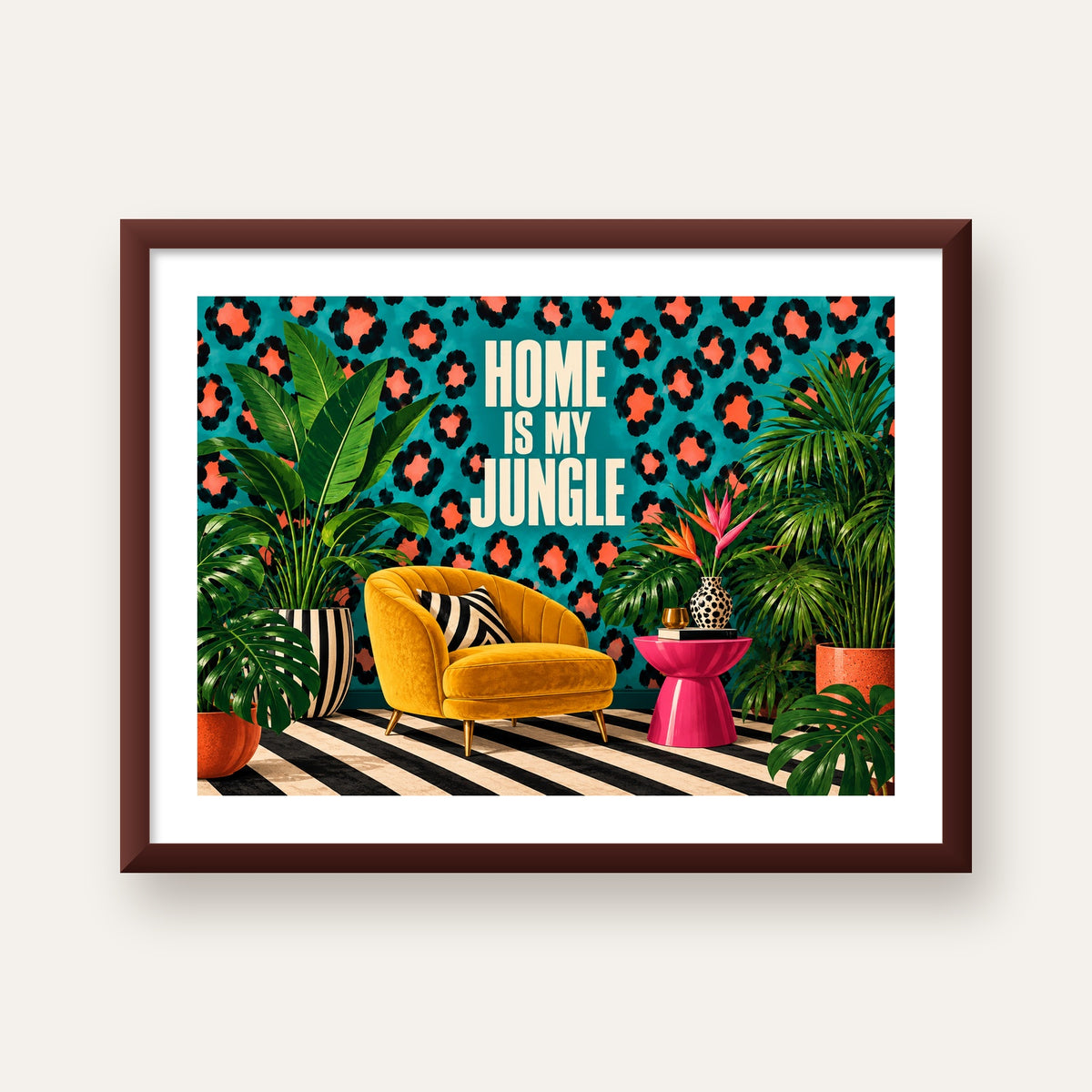 Egzotik Salon Dekorasyonu Poster – HOME IS MY JUNGLE Baskı — ceviz çerçeveli paspartulu