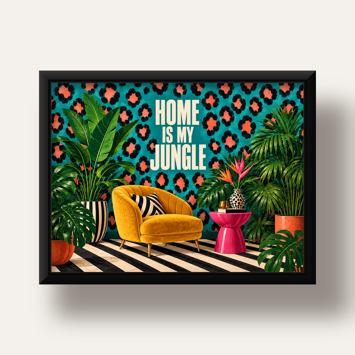 Egzotik Salon Dekorasyonu Poster – HOME IS MY JUNGLE Baskı — siyah derin çerçeveli