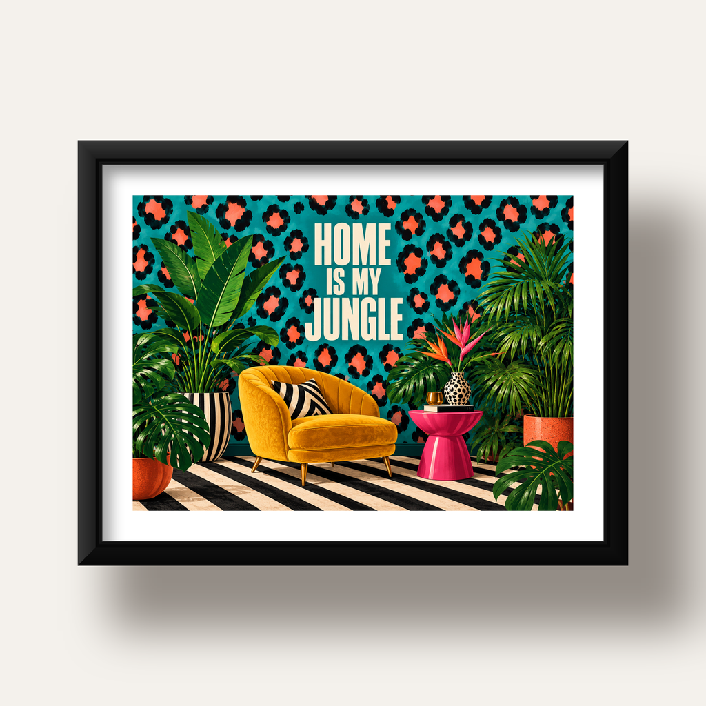 Egzotik Salon Dekorasyonu Poster – HOME IS MY JUNGLE Baskı — siyah derin çerçeveli paspartulu
