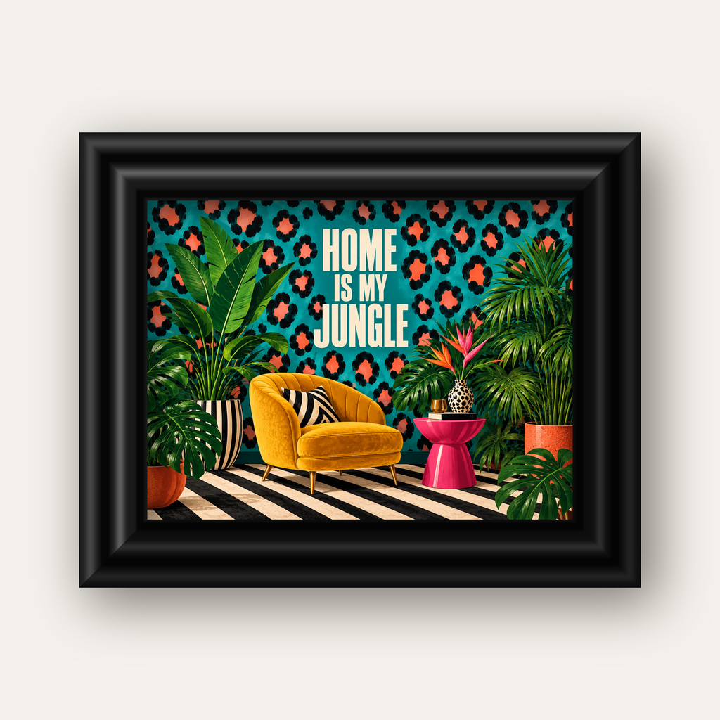 Egzotik Salon Dekorasyonu Poster – HOME IS MY JUNGLE Baskı — siyah galeri çerçeveli